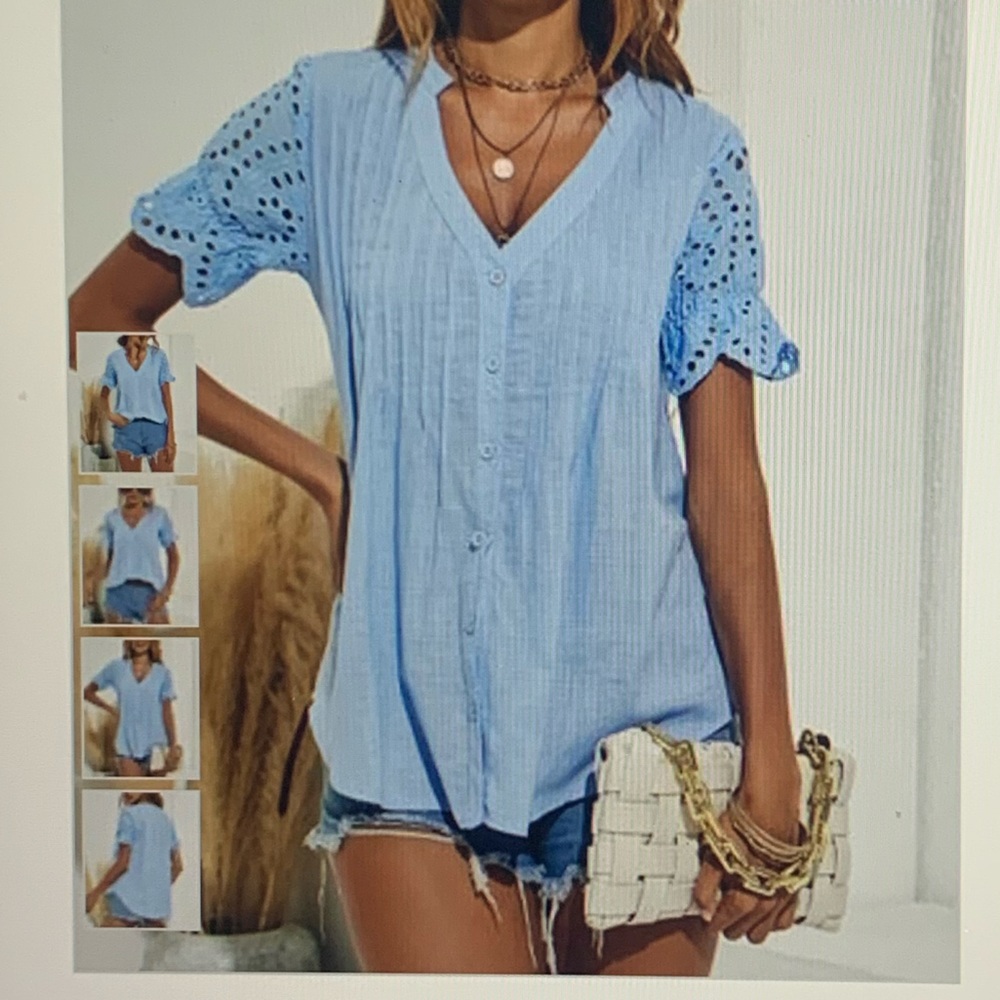 NWT Blue Pin Tuck Lace-Sleeve V-neck Top Women - Picture 2 of 5